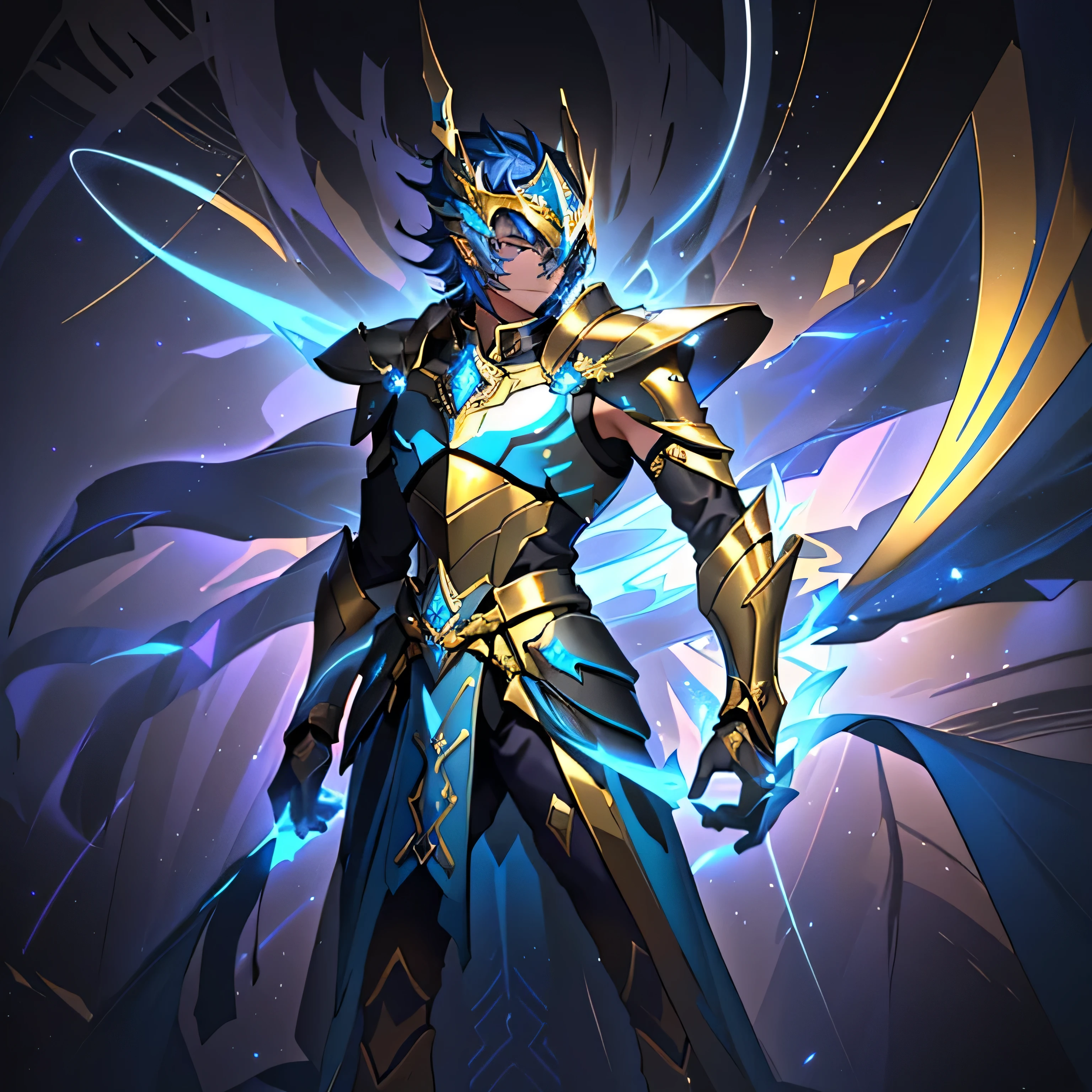 A drawing of a man in a golden and blue futuristic armor, featuring sleek plates that merge seamlessly across the body. Inspired by Knights of the Zodiac, the armor's chest plate extends into large, integrated shoulder pieces that flow smoothly from the chest to the upper arms without creating separate shoulder pads. The high collar wraps tightly around the neck, rising from the back and sides for added protection. The helmet has a central crest, and its blue visor glows brightly, enhancing the high-tech look. The chest plate is adorned with a glowing central gem, with angular lines emphasizing its regal yet futuristic design. The armor’s segmented leg and arm plates are golden with hints of purple and dark blue, conveying both strength and agility. Set against a cosmic background, the reflective surfaces of the armor stand out, illuminated by distant stars, with the overall look exuding a powerful and commanding presence.