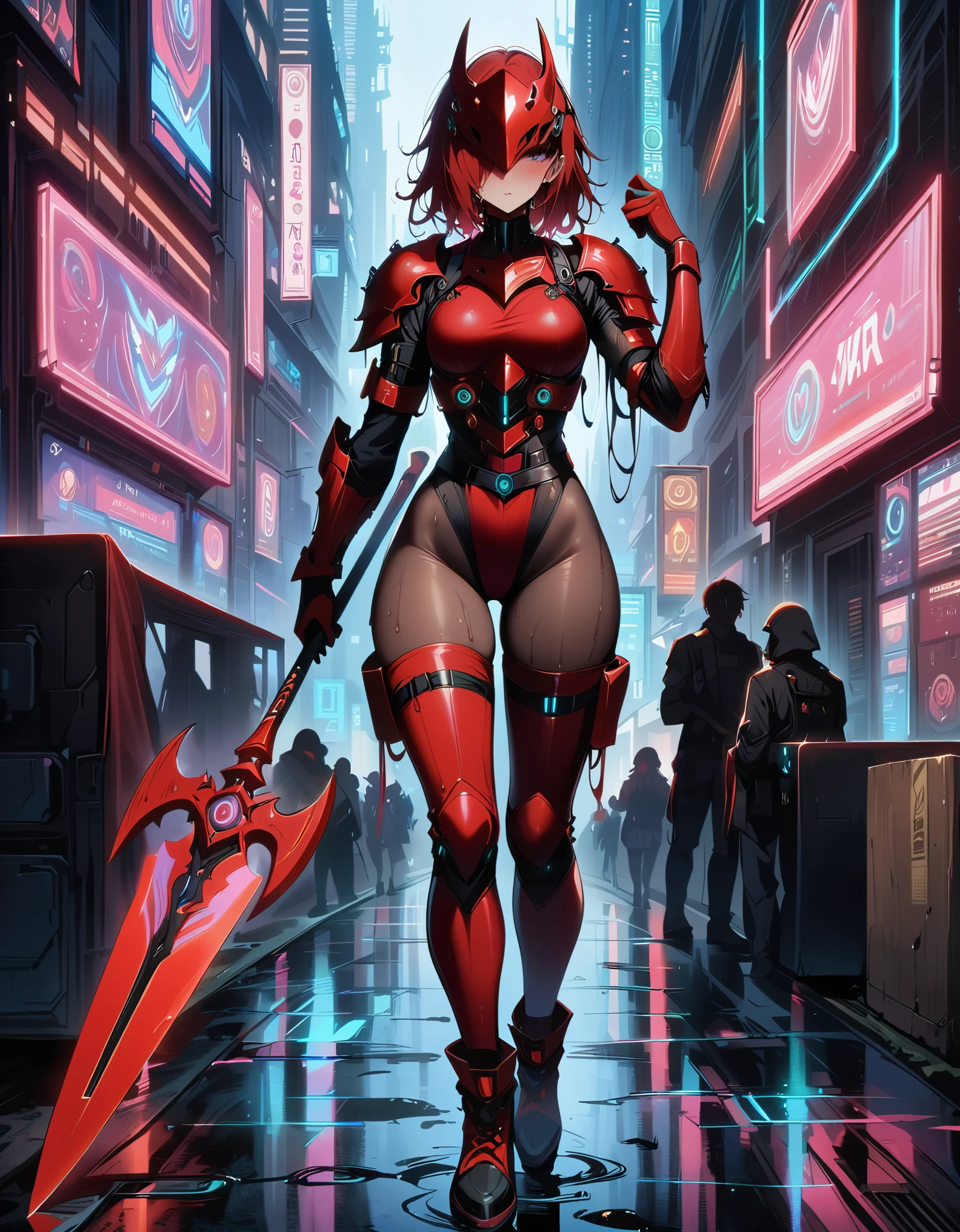(masterpiece, top quality, best quality, official art, beautiful and aesthetic:1.2), (1girl), extreme detailed,colorful,highest detailed ((ultra-detailed)), (highly detailed CG illustration), ((an extremely delicate and beautiful)),cinematic light,((1mechanical girl)), dynamic angle ,standing, solo,full body,(machine made joints:1.2),((machanical limbs)),(blood vessels connected to tubes),((blood vessels attaching to neck)),(wires and cables attaching to neck:1.2),expressionless,(wires and cables on head:1.2)(character focus),science fiction,(blood:1.5), moody light, cyberpunk ruins:1.3, neon lights,