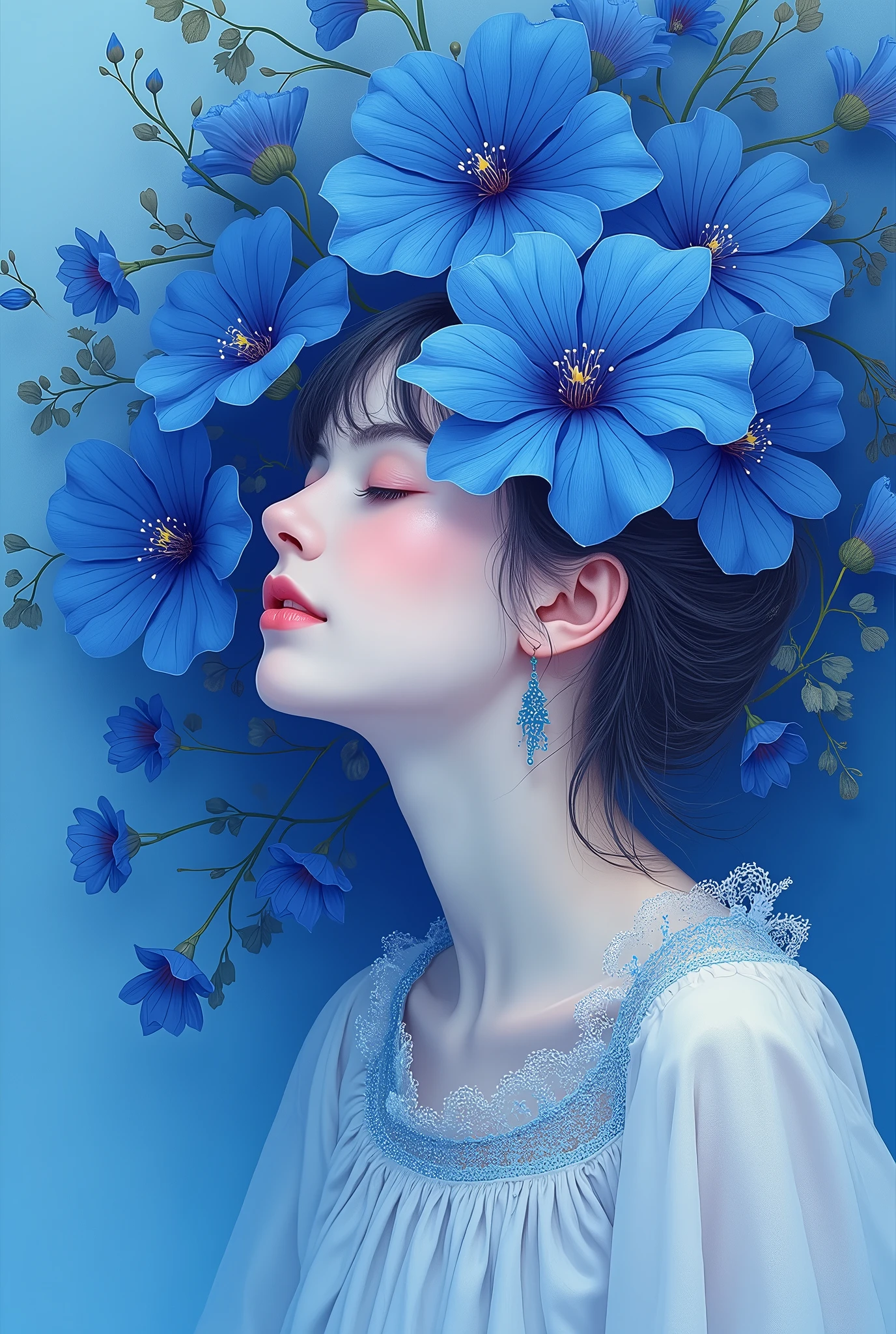There is a woman with blue flowers on her head - SeaArt AI