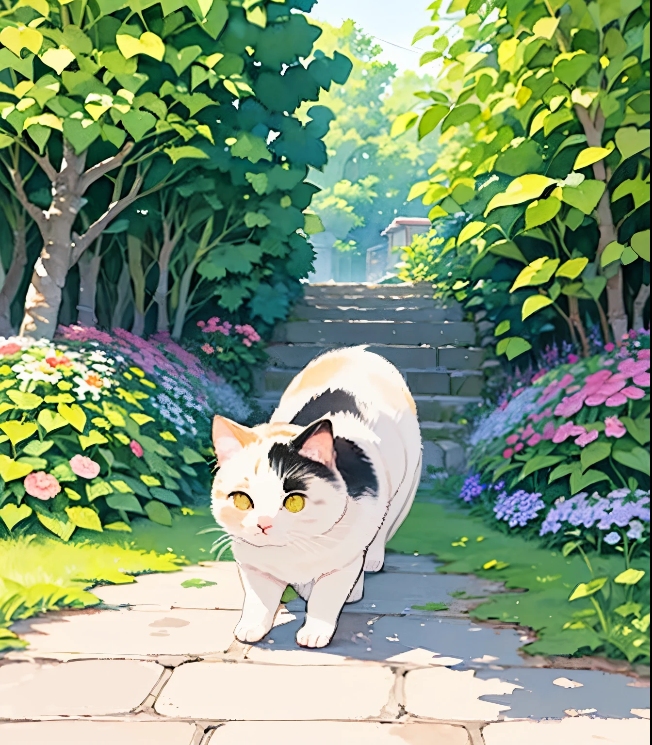 (masterpiece),(Best Quality),(Very detailed),(High resolution),((Line art)),((watercolor)),16k,wallpaper,三毛猫のVery detailedな絵、Insane Details、Very detailed猫、My house where a calico cat roams、A short-legged calico cat walking along a promenade、Old townscape of Japan、A path lined with plants、tree々The sunlight is shining、Another World、The creation of silence、Long Shot、The subject is small、Cunning gestures，