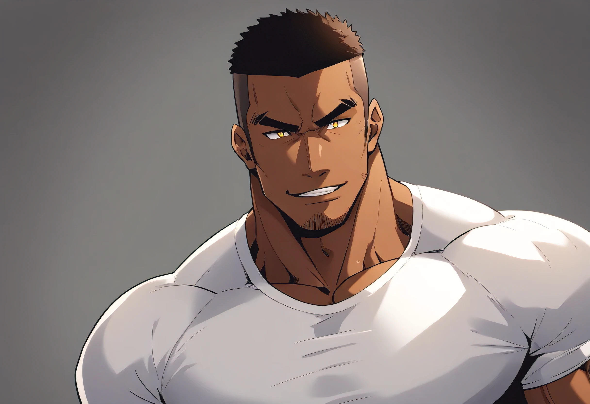 anime characters：Black man, Fitness coach, Dark black skin tone, His skin is pitch black., 1 muscular tough guy, Manliness, male focus, Cream Lycra T-shirt, Very tight, The pectoral muscles are oversized, Slightly transparent, muscular male, muscular, only, Upper body, alone, White short hair, Thick eyebrows, stubble, Yellow eyes, Grey background, simple background, amazing quality, best aesthetics, Ridiculous, bright pupils, crew cut, parted lips, seductive smile, torogao, naughty face, drop shadow, best quality