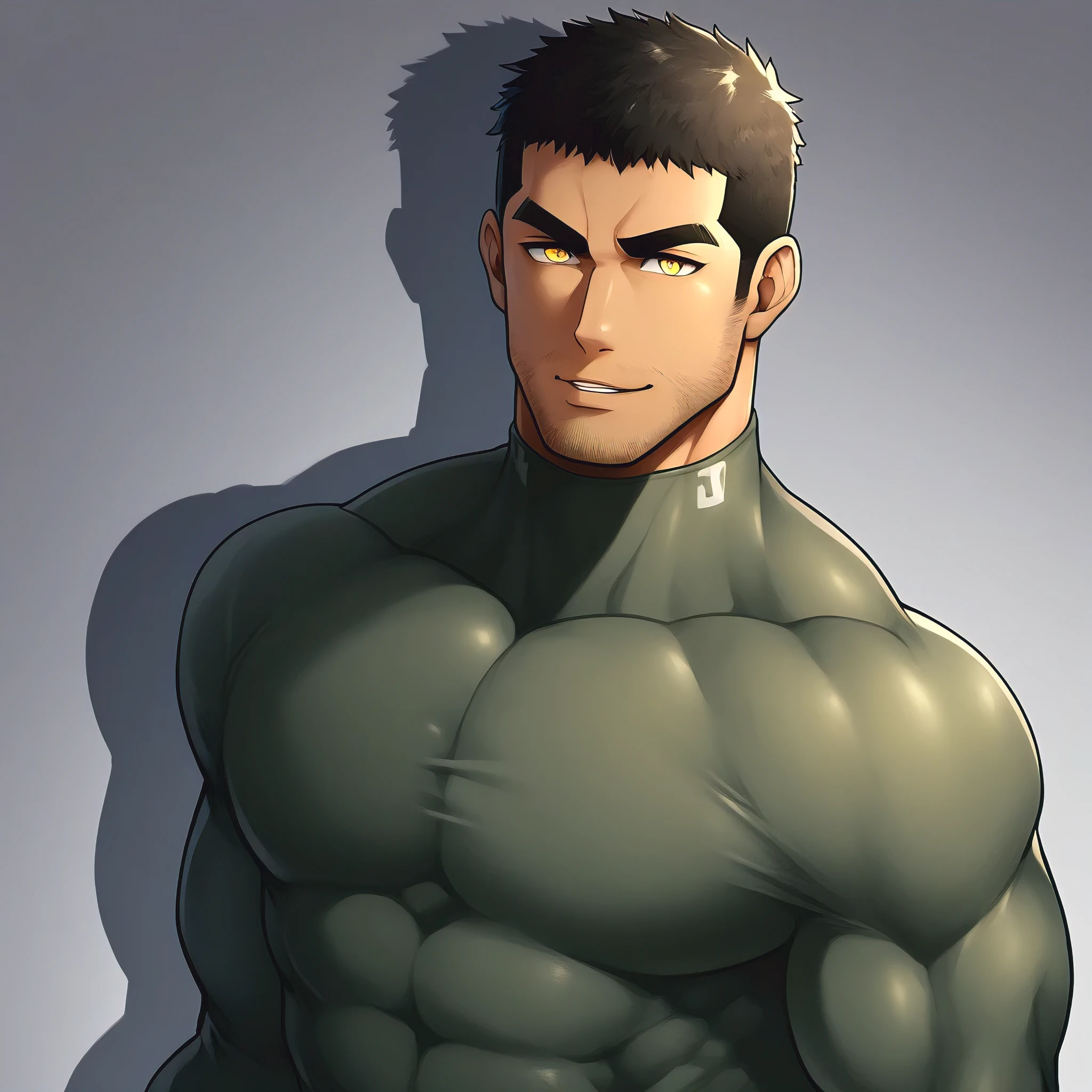 anime characters:Gyee Chris Redfield, Muscle Sports Student, negro black skin, 1 dark skin muscular tough guy, Manliness, male focus, Military Green Camouflage High Neck Long Sleeve Tight T-Shirt, Slightly transparent material, Very tight, Very Big full and perky chest muscles, Slightly transparent, muscular male, muscular, only, Upper body, alone, Black short hair, Thick eyebrows, stubble, Yellow eyes, Grey background, simple background, amazing quality, best aesthetics, Ridiculous, bright pupils, crew cut, parted lips, seductive smile, torogao, naughty face, drop shadow, best quality