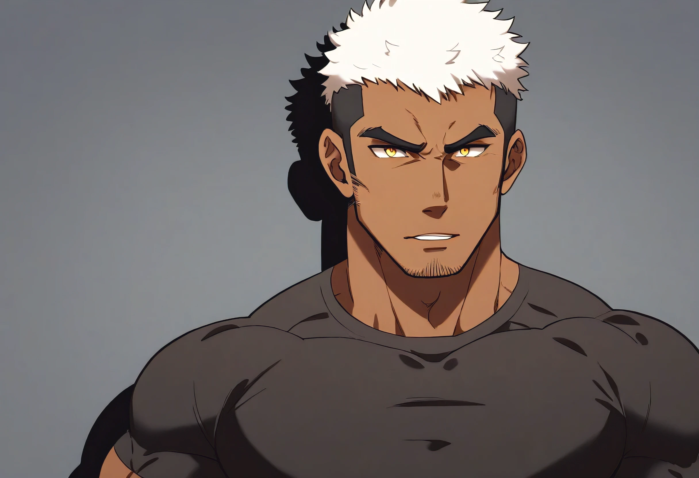 anime characters：Black man, Fitness coach, Dark black skin tone, His skin is pitch black., 1 muscular tough guy, Manliness, male focus, Cream Lycra T-shirt, Very tight, The pectoral muscles are oversized, Slightly transparent, muscular male, muscular, only, Upper body, alone, White short hair, Thick eyebrows, stubble, Yellow eyes, Grey background, simple background, amazing quality, best aesthetics, Ridiculous, bright pupils, crew cut, parted lips, seductive smile, torogao, naughty face, drop shadow, best quality