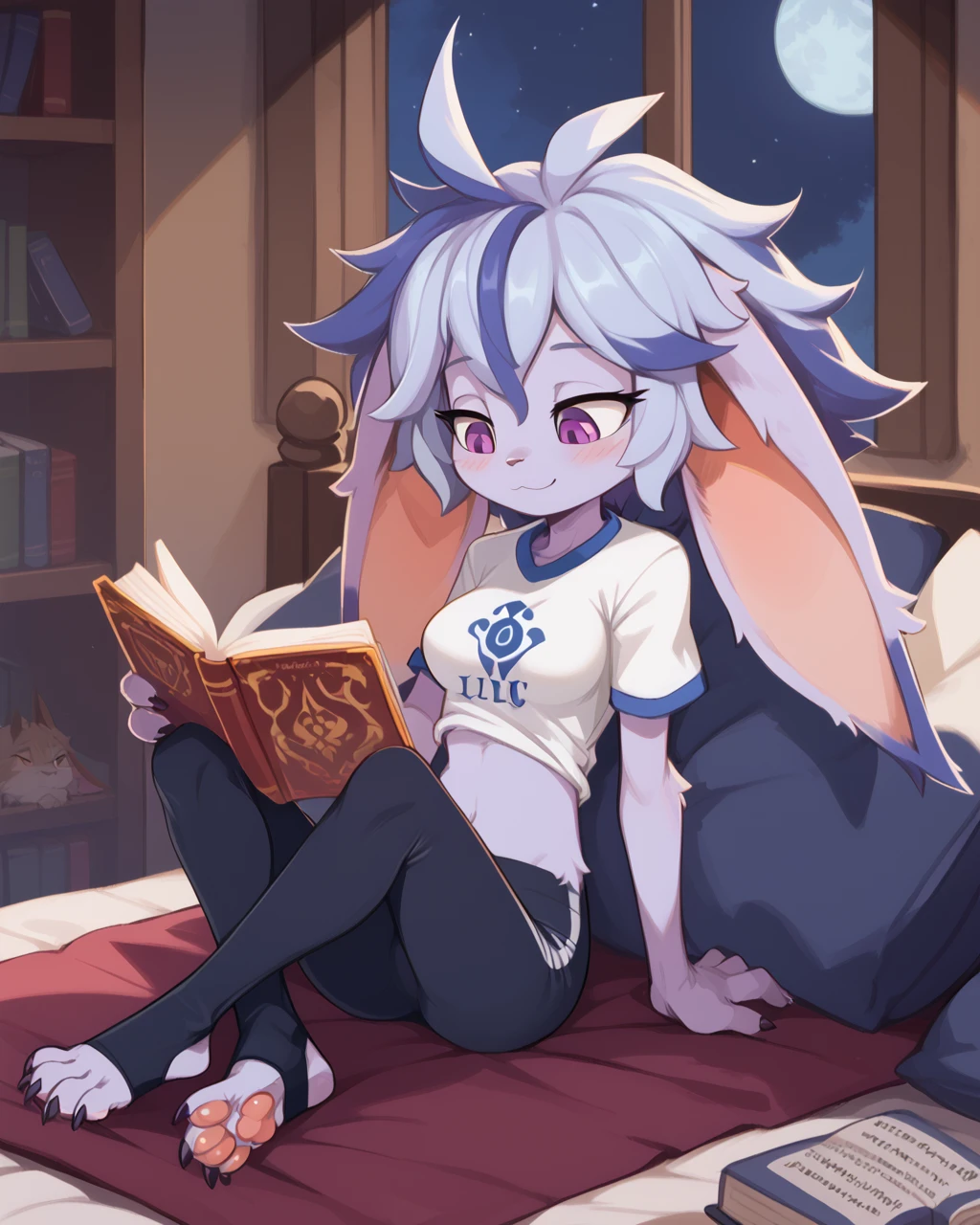 score_9, score_8_up, score_7_up, best quality, masterpiece, (absurdly high resolution:1.4), (short, diminutive, smol), yordle, (humanoid, light purple skin, purple eyes, (long ears, horizontal ears), long horizontal yordle ears, claws, feminine), barefoot, cute, adorable, slim, thin, (hair, fluffy hair,), large breasts, sleepy expression, blush lines, submissive), solo, isekai setting, apartment, night sky, Expressive, young, expressive, fantasy, paw pads, ears up, midriff, black t-shirt, stirrup legwear, reading a book, Correct number of toes on each foot, smiling, League logo on shirt,