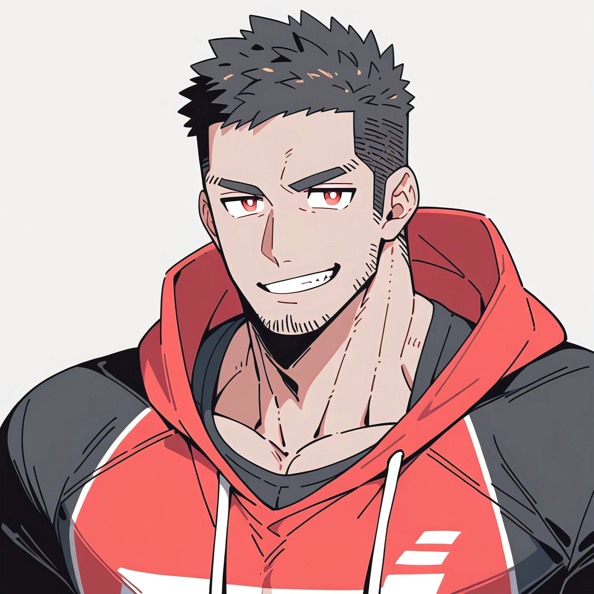 anime characters:Priapus, Black Black Skin Muscle Sports Student, Manliness, male focus, Red Sports tight hooded sweatshirt, Wear a high-necked tights underneath, Very tight, Huge pectoral muscles, muscular male, muscular, Perfect muscular waist, only, Upper body, alone, Red short hair, Thick eyebrows, stubble, Brown-red pupils, White background, Solid color background, Clean background, simple background, amazing quality, best aesthetics, Ridiculous, crew cut, smirk, bright pupils, grin, negative space, negative space, best quality