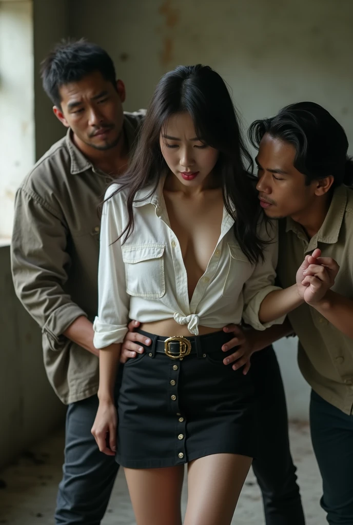 A beautiful and slim young almost naked girl, about twenty years old, being raped until crying unconscious by several naked adult men, Realistic, detailed and natural, horrible sadistc, semuanya bangsa Indonesia,
