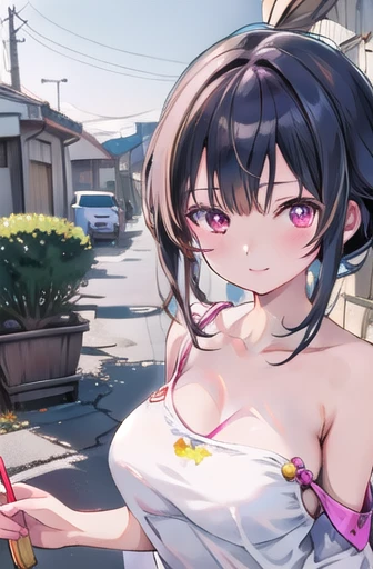 ((((Super illustration style:1.0)))),Best Quality,Best Anime,masterpiece,Ray Tracing, Global Illumination,Strap slip,One girl, Alone, View your viewers,good,Outdoor,Large upper body breasts
 