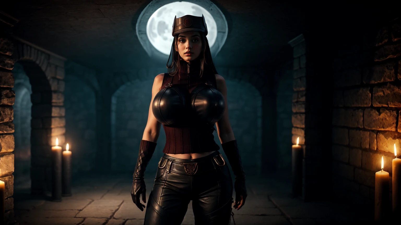 masterpiece, best quality, kai schulen, Cap,leather ribbed sweater leather, sleeveless, pants, leather fingerless gloves, big breasts,thicc body,standing in a spooky tomb,holding a gun