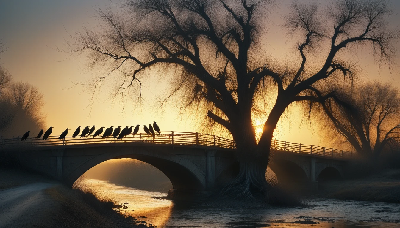 A flock of crows perched on an old tree，Surrounded by withered vines, Cry in an unforgettable chorus, When the sun slowly changes color and sets in the west. The sound of splashing water under the bridge echoed under the bridge, A family smokes on the banks of the river. A tired horse wrestles the westerly wind on a dilapidated road. On a bleak night, Only lone travelers wander in the distance. (Best quality, 4K, A high resolution, Masterpiece: 1.2), Ultra-detailed, Realistic: 1.37, hdr, Studio lighting, Deep atmosphere, The hue darkens, ethereal glowing.