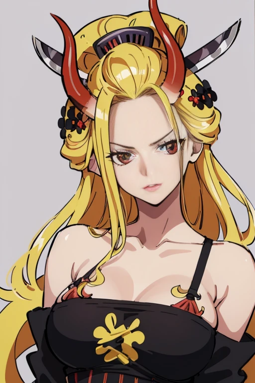 (oBra de arte), (best quality), (ultra-detailed), (best illustration), (melhor somBra), (Absurd),black maria ( one piece) long hair horns  , blonde hair  ((red eyes)), black maria , (Bra), 1 , Alone, fringe, looking at the viewer, upper body,