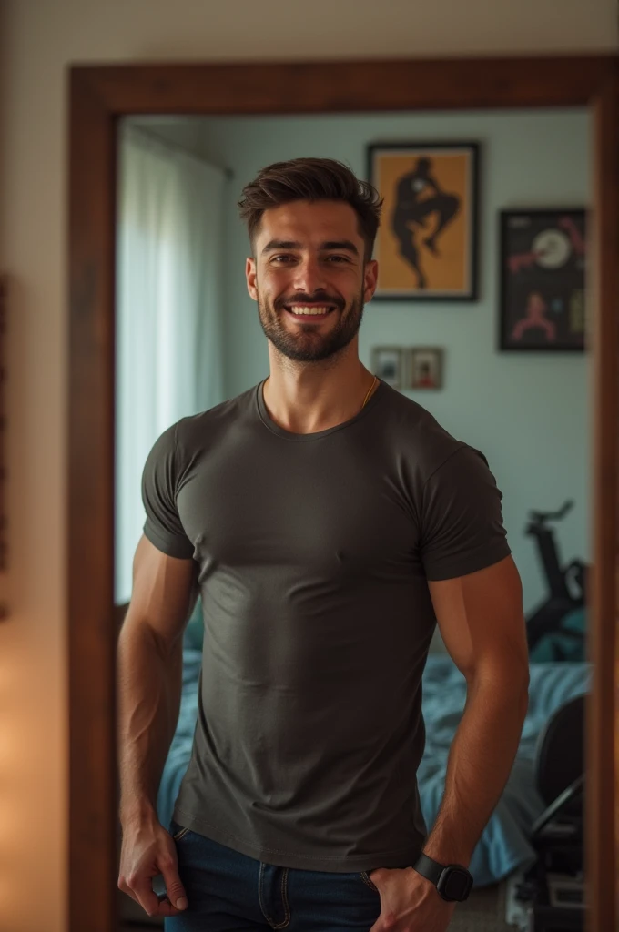A strong, exuberant man in his underwear.