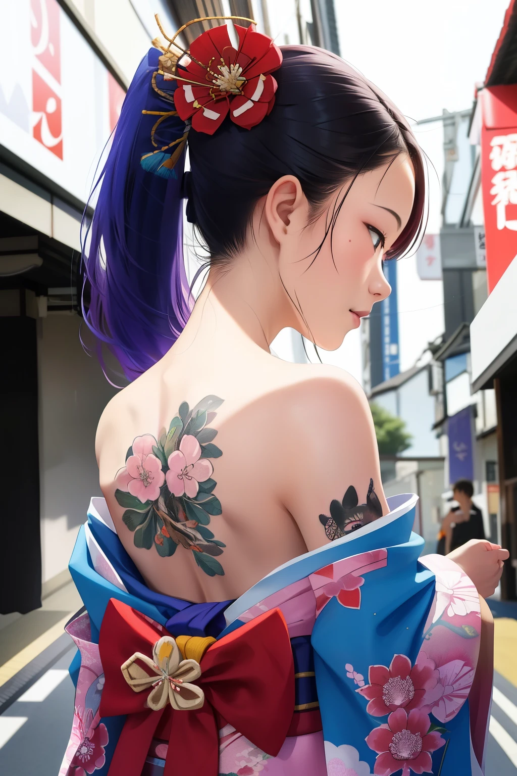 (Very small young Japanese girl)，Loincloth，Japanese Festivals，tattoo，tattoo，Cute kimono，I saw the world，Urine stains，(Side Pony,Colorful Hair，Hair Accessories)，tattoo nas costas，sheath，flower，背中のtattoo，Off the shoulder，Expose your shoulders，look back，From behind，all, Compensate,
