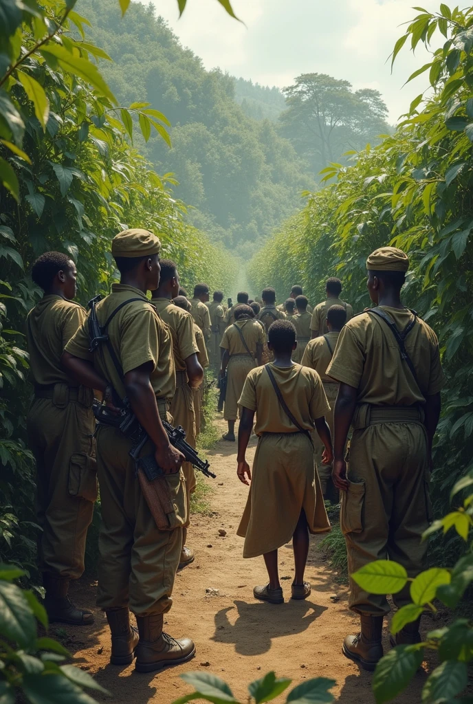 (masterpiece, high resolution, photo-realistic:1.3), tired Congolese workers, (worn-out clothing:1.2), (sunburnt skin:1.1), hard labor in rubber plantations, under brutal Belgian oversight, tropical landscape, unforgiving heat, (exhaustion and determination in their eyes:1.2), (aged photograph texture:1.3), sepia tones, oppressive atmosphere, full body view, action shot.