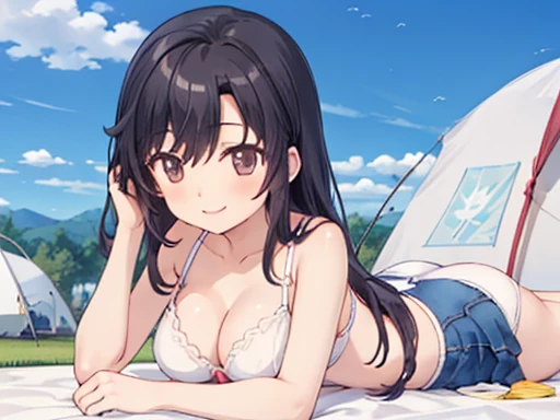 Ichijo Hotaru, ((change)), (( tent)), , Long Hair, Black Hair, ((:1.3)), Happy smile, blue sky, Windy:1.2, Large Breasts, ((Lie)), ((On the stomach:1.3)), Alone, Headrest, White bra, White panties