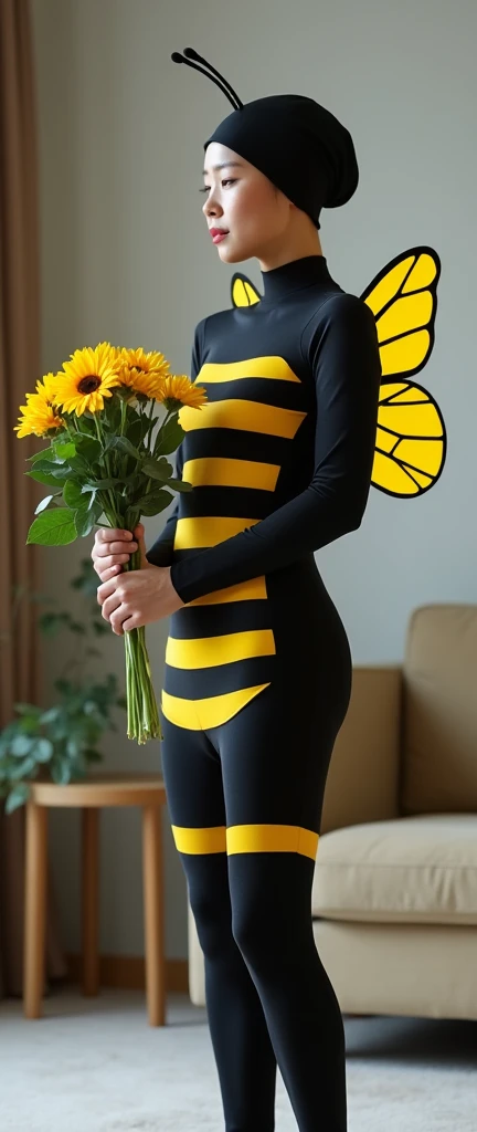 the beautiful,slender thin and prettiest Asian muslimah adult girl with beautiful cheeks wears striped light yellow bee lycra turtleneck unitard catsuit covered with seamless black stripes with a pair of bee costume wings and always wear bee lycra elastane stretchy dance wear hijab covered with seamless stripes with antennae.She is laughing to the flowers.