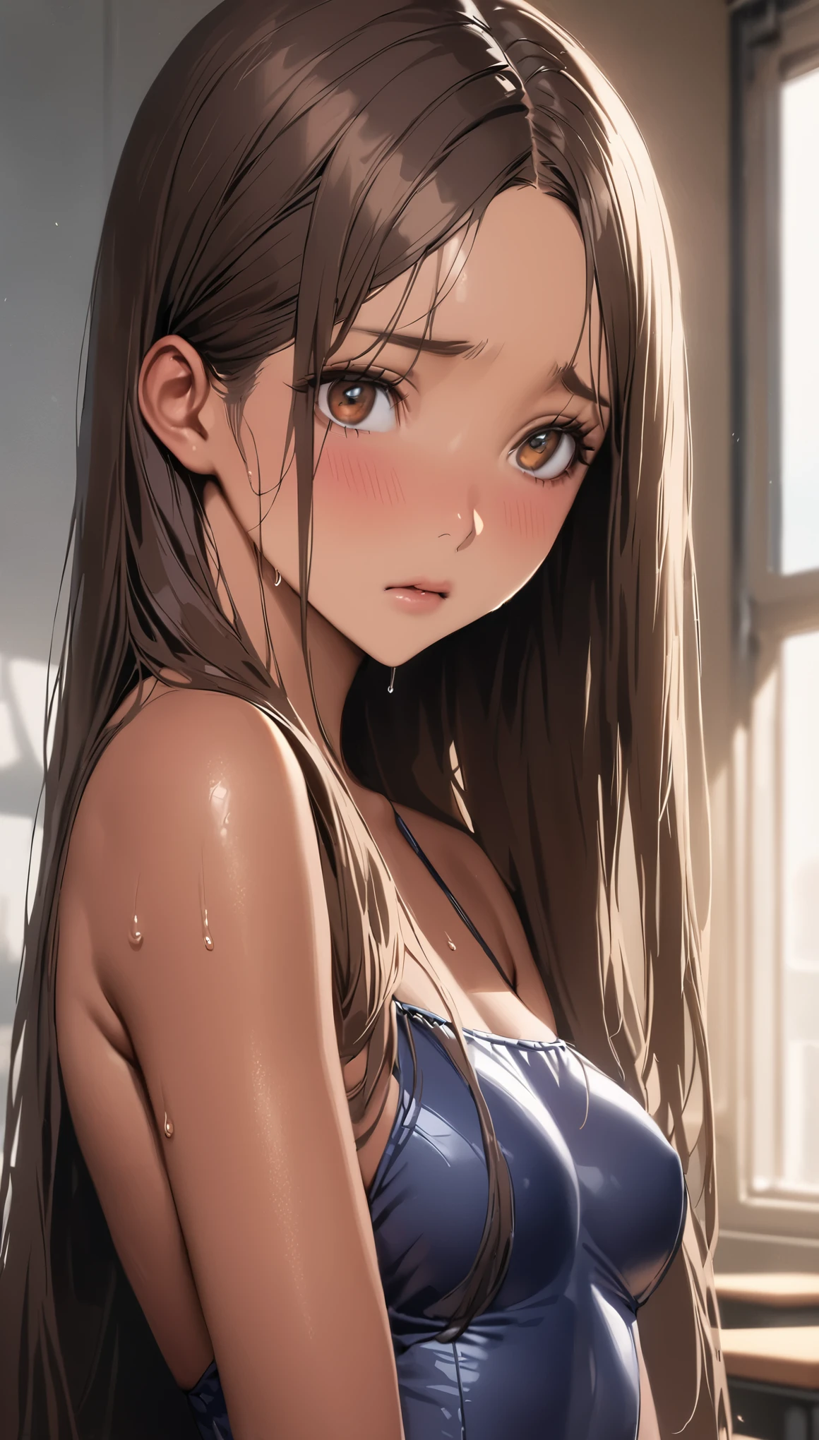 ((masterpiece,best quality anime:1.3,Best Quality)),realistic,cowboy shot,portrait,1woman,young adult,(center parted bangs),dark brown hair,straight long hair,((very small head:1.3)),brown eyes,shy,(gorgeous big eyes),((very long body:1.3,tan skin:1.2)),medium breasts,heavy sweat,(Navy blue leotard swimsuit),((slender body,skinny)),standing,classroom、School、