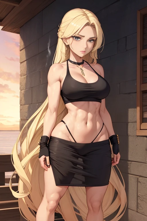 Cel-shaded, color manga, seed 156378292. The background is a sunset harbor, full-body angle. The overall image should feature strong, vivid lines and cel-shaded coloring with high contrast. The sunset glow should reflect off her skin and hair, creating a warm, radiant effect. A beautiful woman with long blonde hair that flows naturally down to her shoulder blades, reflecting light and shining brightly in a golden hue. Her face is sharp with high cheekbones and a defined jawline. Her eyes are striking brown, conveying a strong will and determination. Her eyebrows are thin, sharp, and straight, expressing her confidence and strength. Her nose is straight, and her lips are somewhat thick but tightly closed, giving her an expression of provocation and confidence. She is dressed in a white T-shirt with a low-cut chest design, clearly revealing her neckline and emphasizing her upper body. She is wearing a black mini-skirt, which emphasizes her slender yet muscular figure. Around her neck is a pearl necklace, and she has gold bracelets on both wrists. Her large chest is a prominent feature, emphasized by the tight fit of the T-shirt, highlighting her curvy and muscular figure. Her physique is slender but muscular, with well-defined abs and arms, showing she is fit and trained. She is over 170 cm tall with a well-balanced figure. Her large chest, tight waist, and long legs are distinct features that combine femininity and strength. She has a cigarette casually placed in her mouth, further emphasizing her rebellious attitude. Do not include any accessories not mentioned in the prompt. She is holding two black pistols, mid-action, with bullets already fired. She is standing with her legs slightly apart and knees bent in a strong, battle-ready stance. The full-body angle should ensure her entire figure is captured from head to toe, with her feet firmly planted on the ground and her entire body visible, maintaining an action-oriented pose