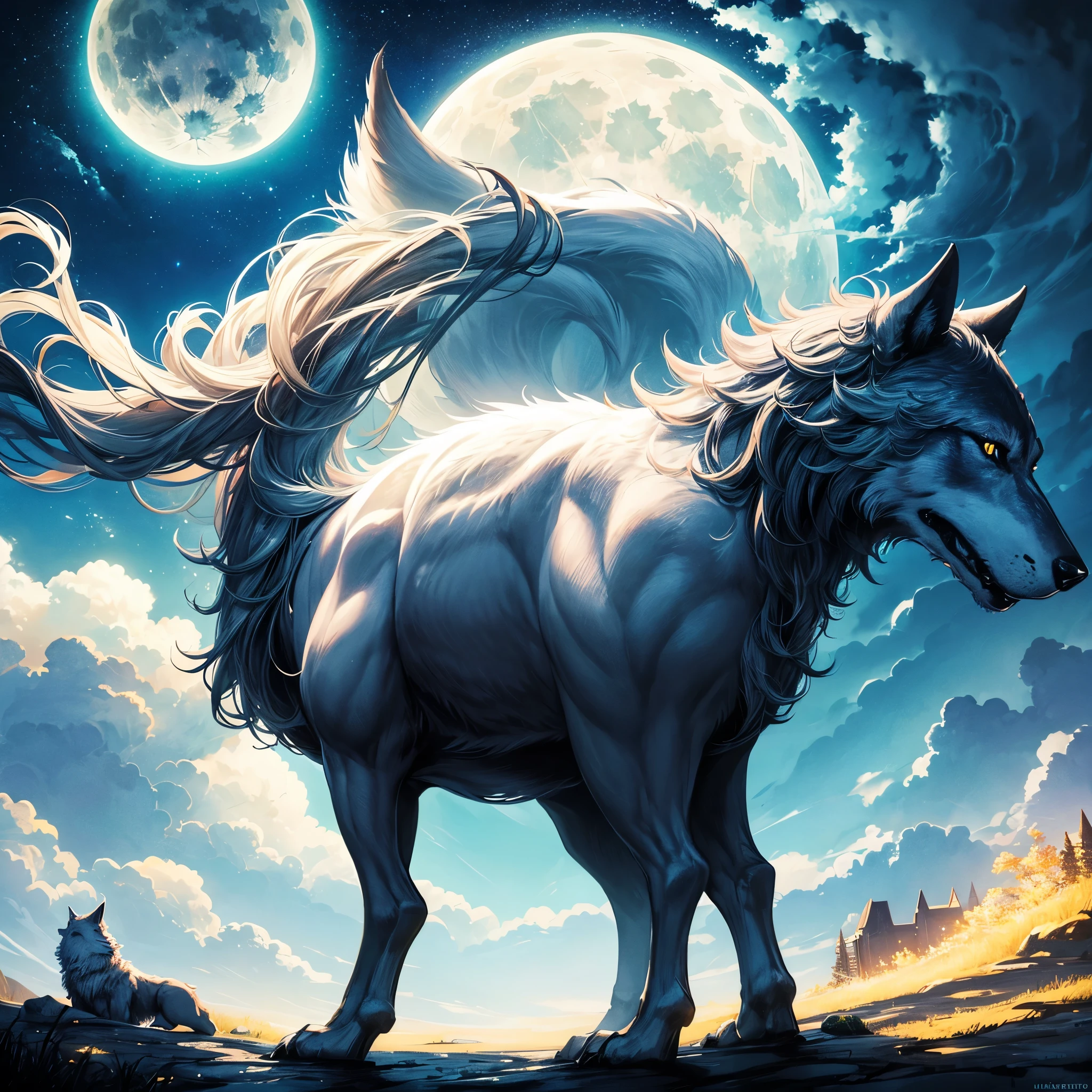 a close up of a wolves standing in front of a full moon, just a joke, the wolves howls at the moon, unearthly art style, in style of cyril rolando, High quality 8k detailed artwork, black wolves, howling at the moon, lone wolves, inspirado em Cirilo Rolando, in the artistic style of Dan Mumford, wolves, great wolves