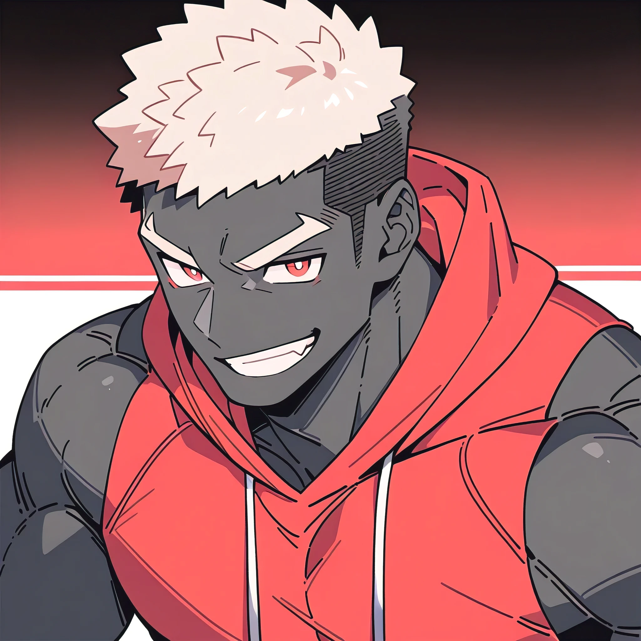 anime characters:Priapus, Black Black Skin Muscle Sports Student, Manliness, male focus, Red Sports tight hooded sweatshirt, Wear a high-necked tights underneath, Very tight, Huge pectoral muscles, muscular male, muscular, Perfect muscular waist, only, Upper body, alone, Red short hair, Thick eyebrows, stubble, Brown-red pupils, White background, Solid color background, Clean background, simple background, amazing quality, best aesthetics, Ridiculous, crew cut, smirk, bright pupils, grin, negative space, negative space, best quality
