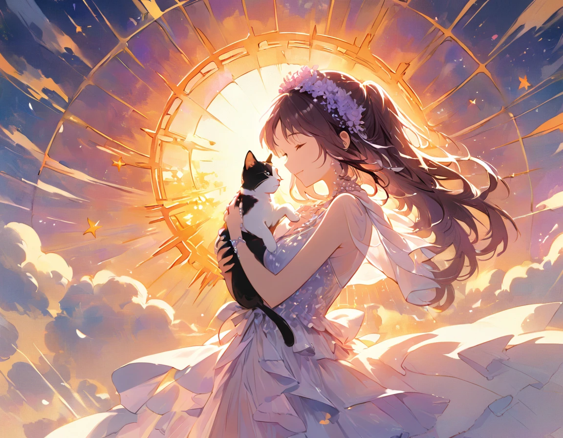 Woman Holding Cat on a Cloud Bridge
A magical scene of a woman standing on a glowing bridge made of clouds. She cradles a fluffy cat in her arms. The clouds form a beautiful, luminescent bridge that arches through a golden sky, with the sun setting in the background. The woman is wearing a flowing, translucent dress, and her cat gazes lovingly up at her. Soft, colorful light spills from the sunset, blending the cloud and sky in a vibrant display of orange, pink, and purple. The mood is calm and filled with wonder.