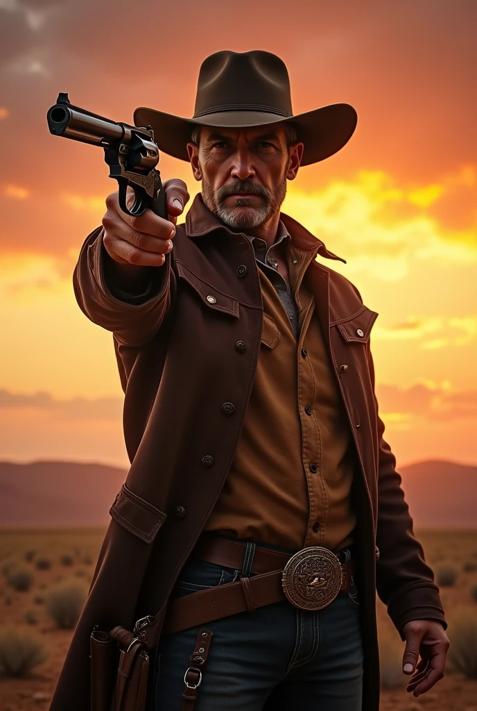 ((masterpiece, very detailed, 8k wallpaper, best resolution, very realistic)), (dusty, grainy, sun bleached, classic western, golden hour lighting, 35mm film, vintage lense, warm tones, cinematic, film grain, cowboy shot), cowboy like clint eastwood, hands on hip, belt with revolver, poncho, cowboy hat, cigarillo in mouth, eagle in the sky