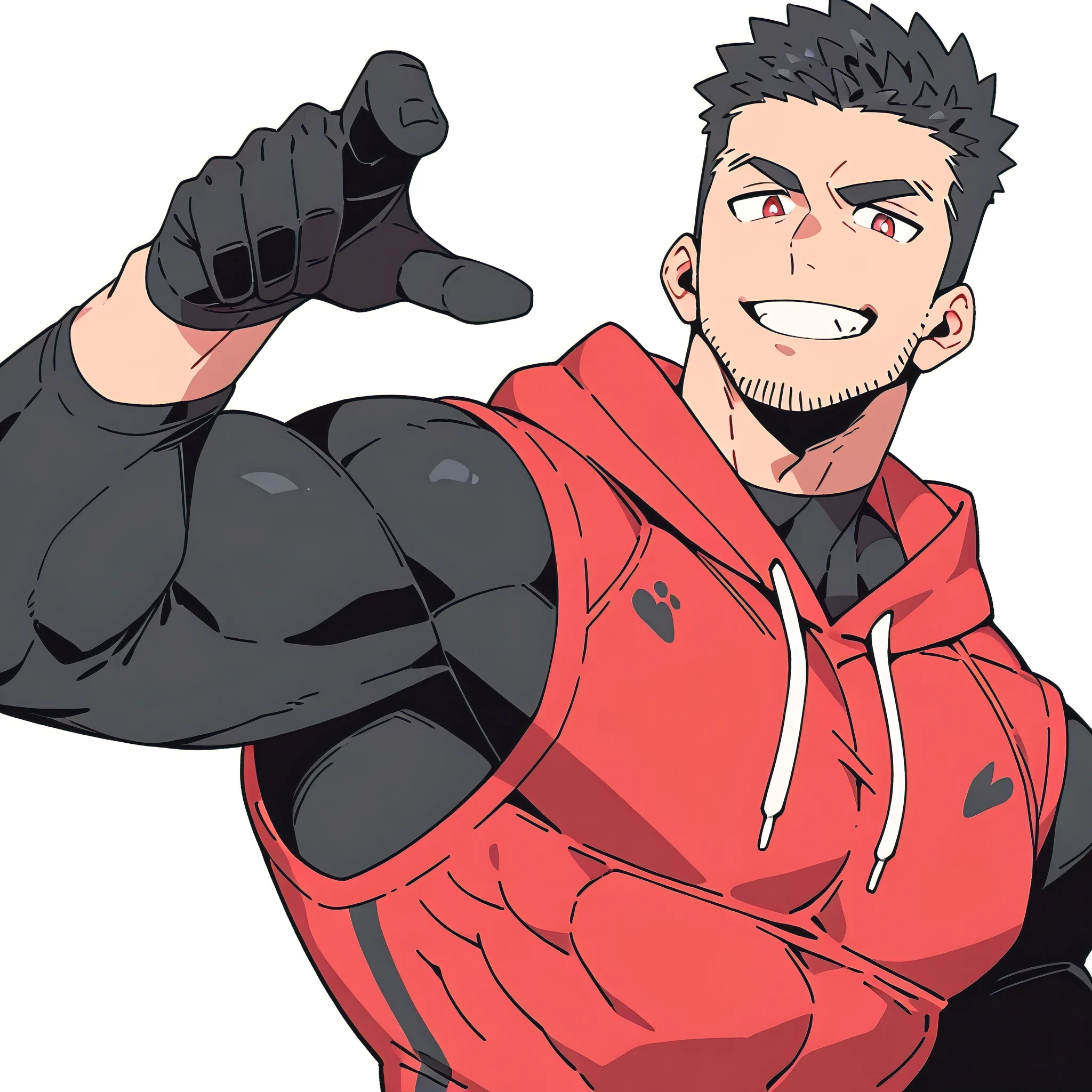 anime characters:Priapus, Black Black Skin Muscle Sports Student, Manliness, male focus, Red Sports tight hooded sweatshirt, Wear a high-necked tights underneath, Very tight, Huge pectoral muscles, muscular male, muscular, Perfect muscular waist, only, Upper body, alone, Red short hair, Thick eyebrows, stubble, Brown-red pupils, White background, Solid color background, Clean background, simple background, amazing quality, best aesthetics, Ridiculous, crew cut, smirk, bright pupils, grin, negative space, negative space, best quality