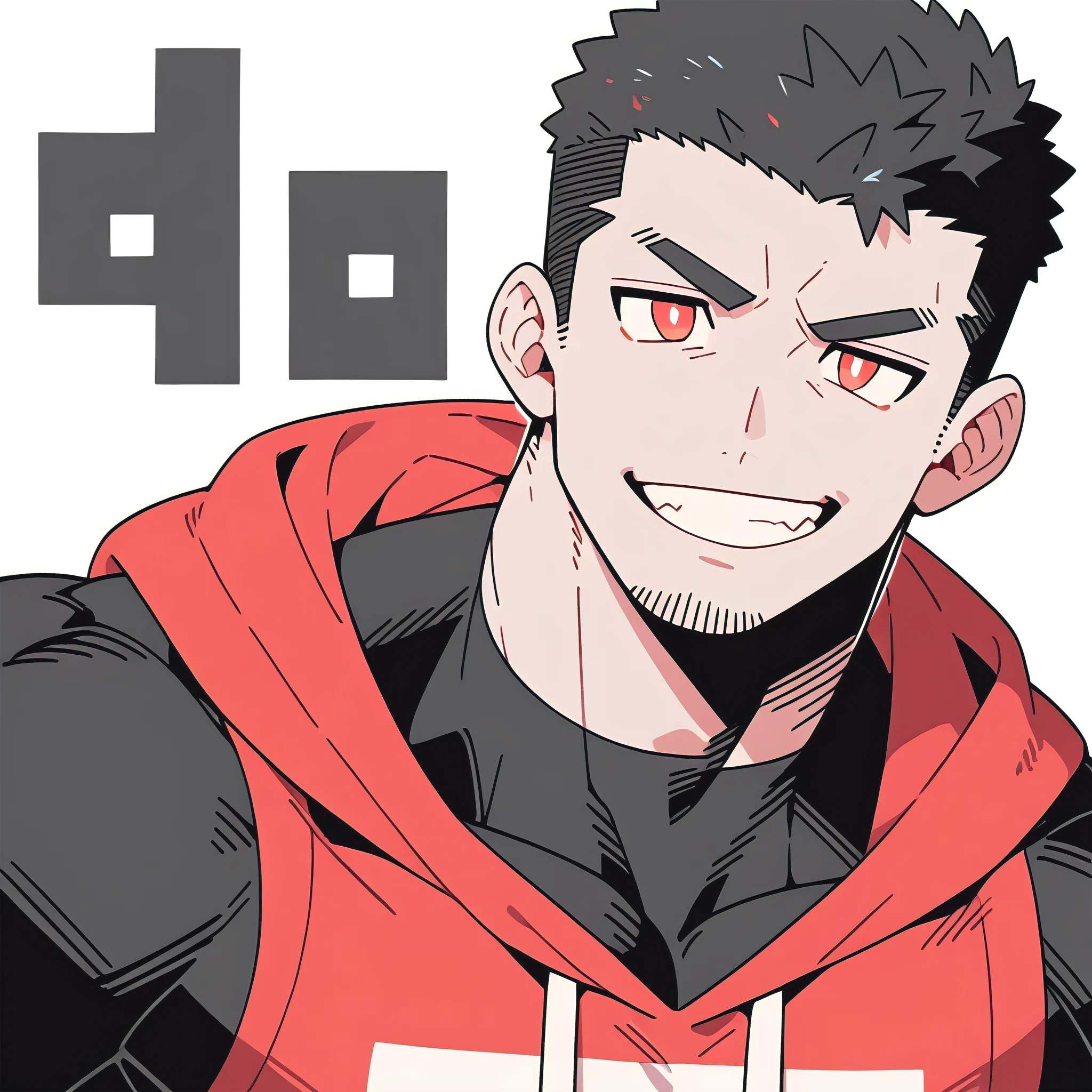 anime characters:Priapus, Black Black Skin Muscle Sports Student, Manliness, male focus, Red Sports tight hooded sweatshirt, Wear a high-necked tights underneath, Very tight, Huge pectoral muscles, muscular male, muscular, Perfect muscular waist, only, Upper body, alone, Red short hair, Thick eyebrows, stubble, Brown-red pupils, White background, Solid color background, Clean background, simple background, amazing quality, best aesthetics, Ridiculous, crew cut, smirk, bright pupils, grin, negative space, negative space, best quality