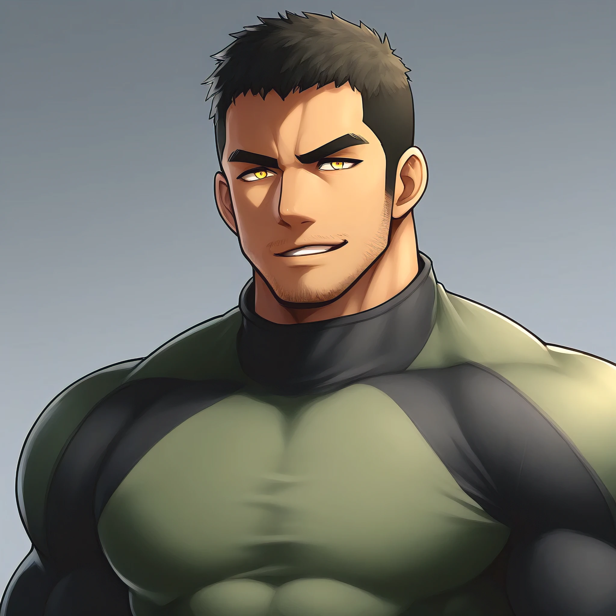 anime characters:Gyee Chris Redfield, Muscle Sports Student, negro black skin, 1 dark skin muscular tough guy, Manliness, male focus, Military Green Camouflage High Neck Long Sleeve Tight T-Shirt, Very tight, Very Big full and perky chest muscles, Slightly transparent, muscular male, muscular, only, Upper body, alone, Black short hair, Thick eyebrows, stubble, Yellow eyes, Grey background, simple background, amazing quality, best aesthetics, Ridiculous, bright pupils, crew cut, parted lips, seductive smile, torogao, naughty face, best quality