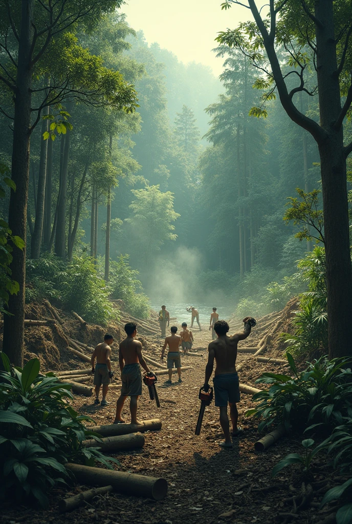 Photorealism 1.3 realistic realism high detailed high definition clear natives kids play around hide and seek in the jungle covered wearing tree skin as a shirt with leaf dramatic cinematography cinematic view morning mode sunlight silhouette smoke effect