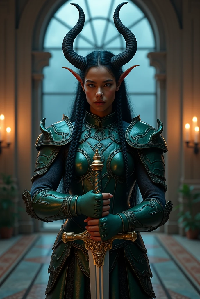 (zPDXL2), score_9_up, 1girl, short all black hair in loose ponytail, soft red eyes, innocent eyes, elf ears, colored skin, red skin, 2 Black demon horns, demon horns, black horns, average body, wearing full leather armor, rogue cloak, hooded cloak, hood down, leather armor, rogue armor, ranger armor, covered body, fully covered, SFW, non-revealing, safe, PG13, dungeons and dragons, DnD, D&D, rogue, assassin, thief, walking through a forest, night time, dark, night, looking at viewer, AissistXLv2, unaestheticXL_bp5, SimplePositiveXLv2, zPDXL2 PonyXLV6_Scores