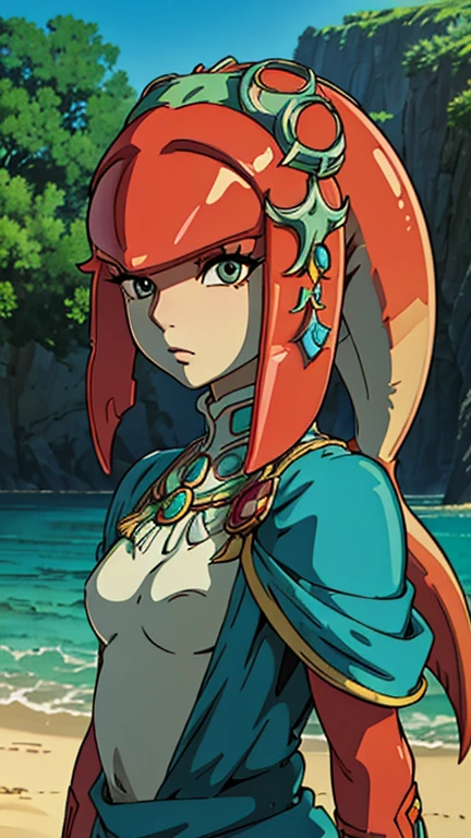 (1girl, solo, Mipha), (extremely detailed CG unit 8k wallpaper),(master part), (best quality), (ultra detail), (best illustration),(ghibli style), cowboy shot, (Sharp eyeliner, ombre, detailed eyes:1), oasis, outdoors background, ,break,  (GHIBLI_Background), upper body, 