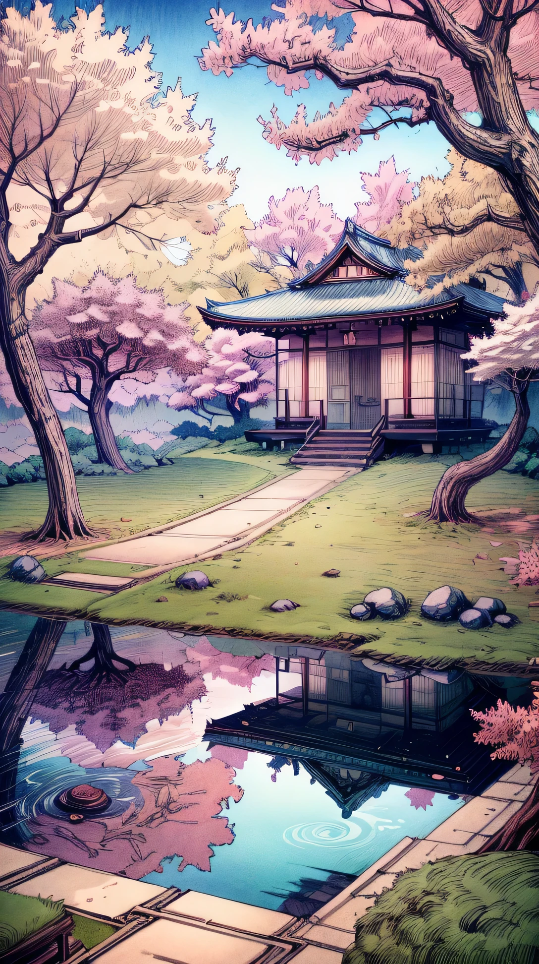 "An anime-style tranquil Japanese garden in spring, with cherry blossoms gently falling, peaceful surroundings give the scene a cozy, meditative atmosphere."