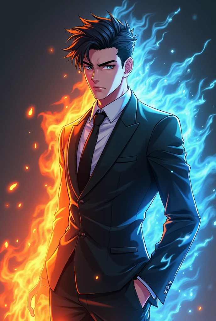 Masterpiece, top quality, blue hair, blue lightning, pointing the finger at yourself. Magic. Another world. Blue smoke billows. Handsome. Handsome man. Cool. A man in his 20s.