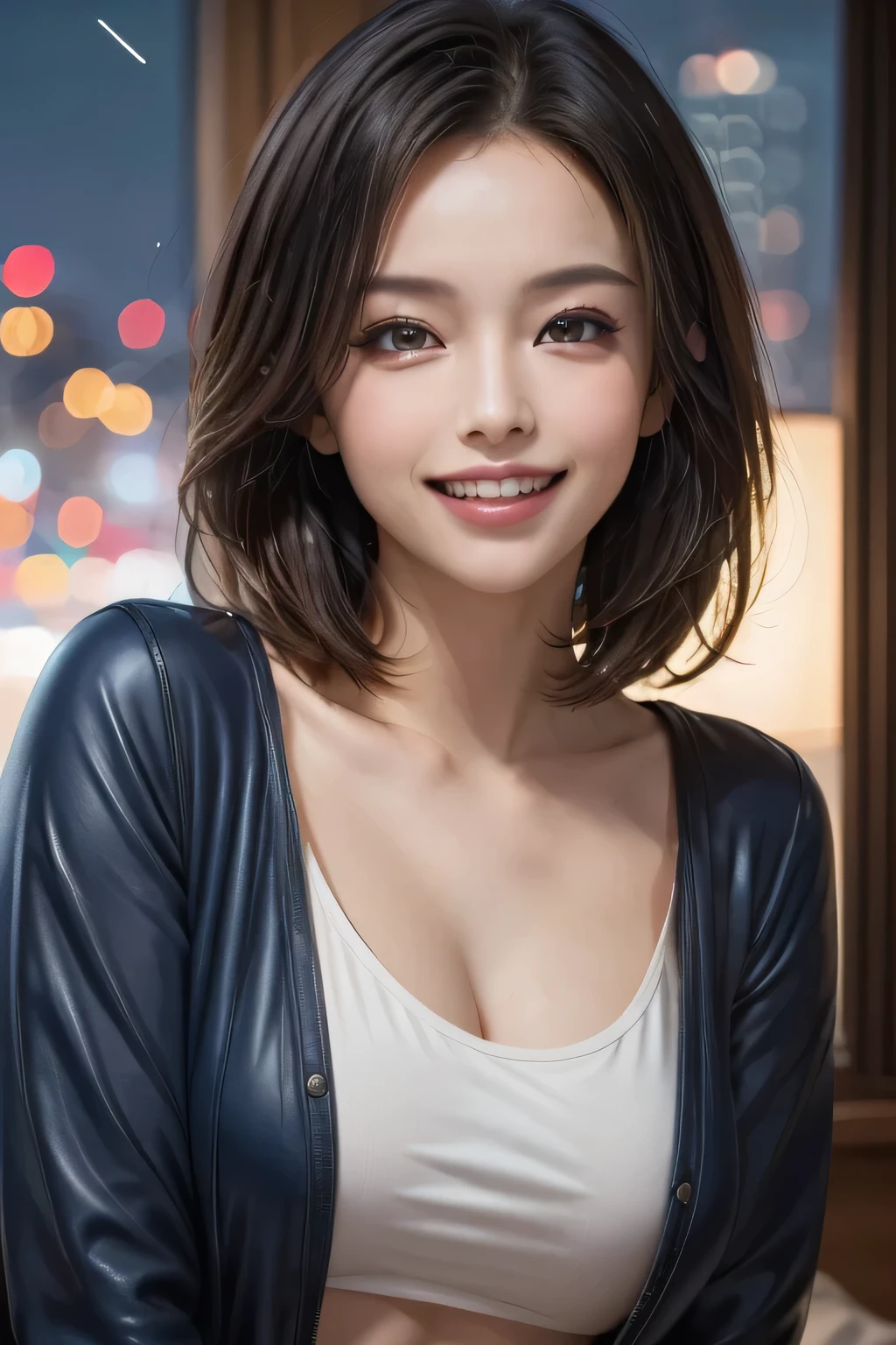 (highest quality, 8k, 32K, masterpiece), (Realistic), (Realistic:1.2), (High resolution), (night:1.7), Japan, cyberpunk, 街の景Color, In Front of the window,Flooring, Blue jacket, Grey Shirt, clavicle, jewelry, gem, Bob, 1 female, 4, (Grin), Beautiful body, beautifulNose, beautifulcharacter design, Perfect Eyes, perfectface, Expressive eyes, View your audience, Center the image, (Cowboy Shot), Official Art, Very detailed CG Unity 8k wallpaper, Perfect lighting,Colorful, bright_Front_face_Lighting,Glowing Skin, (masterpiece:1.0),(Highest_quality:1.0), 超High resolution,4K,Very detailed, photograph, 8k, High resolution, High resolution, Absurd:1.2, Kodak Port 400, Film Grain, Blurred Background, bokeh:1.2, Lens Flare, (Vibrant_Color:1.2) (Beautiful breasts), (beautiful_face:1.5),(narrow_Waist)