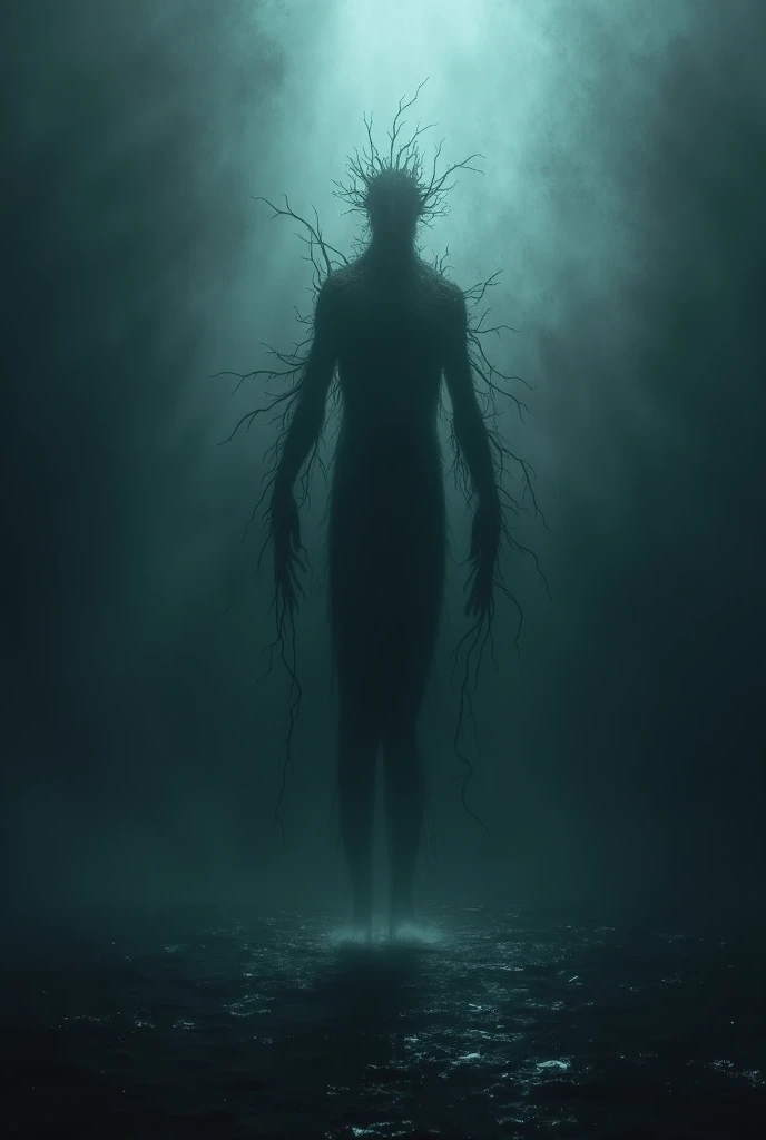 Create a drawing where the character is someone's shadow on the ground of a place (the person does not appear in the image). The shadow has to reflect a monster as if it were the curupira