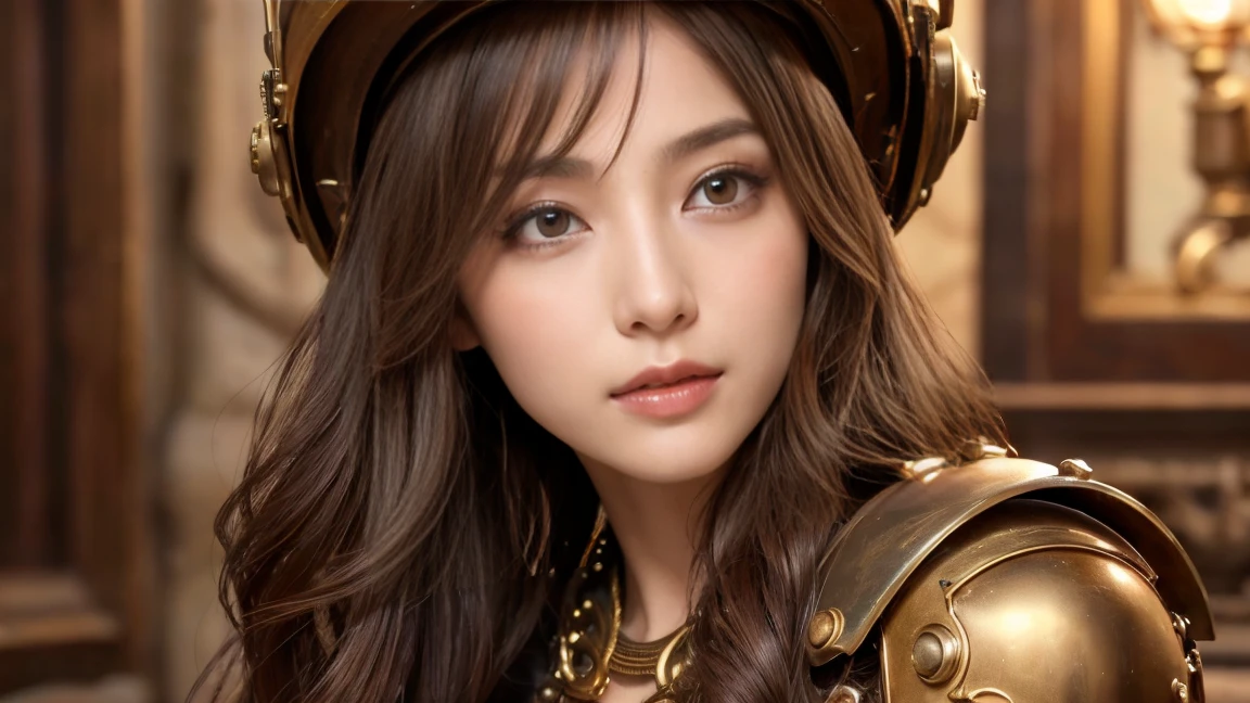 ((masterpiece, Best Quality, High resolution, 8K wallpaper incorporating highly detailed CG,Super detailed)), (Huge and stunning goddess shot, Very hot and sexy, Incredible beauty, Perfect Proportions, Beautiful body, The beauty of a glamorous body:1.3)、Japanese、Mature Woman、Beautiful Face、Beauty、Beauty、Cute woman、Alluring、Super big breasts、Cute eyes、Detailed Eyes、Brown eyes、Long eyelashes、Brown Hair、Steampunk、armor、armor、helmet、pocket、Disaster preparedness supplies、Emergency Food