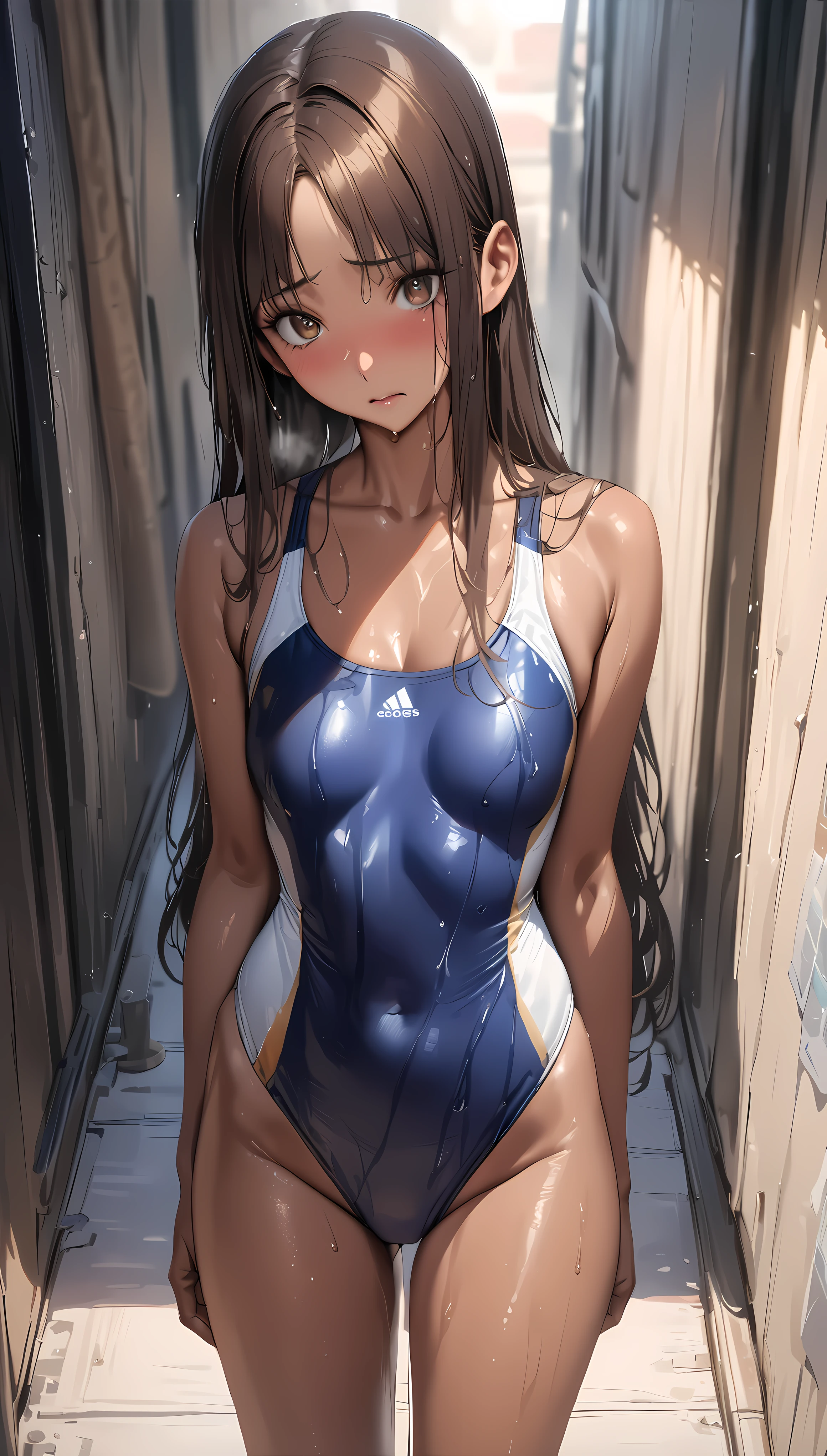 ((masterpiece,best quality anime:1.3,Best Quality)),realistic,cowboy shot,portrait,1woman,young adult,(center parted bangs),dark brown hair,straight long hair,((very small head:1.3)),brown eyes,shy,(gorgeous big eyes),((very long body:1.3,tan skin:1.2)),medium breasts,(Navy blue competitive swimsuit),heavy sweat,wet,((slender body,skinny)),standing,Pool、Outdoor、School、