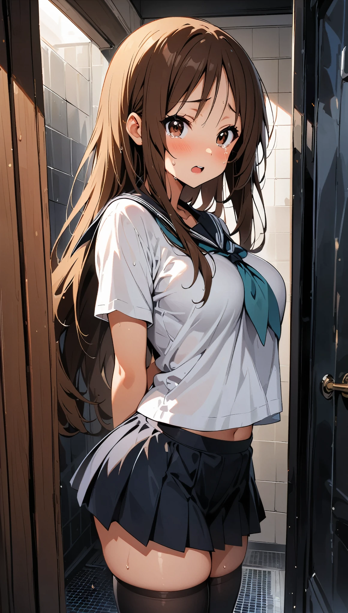 (curvy, medium breasts, tented shirt), (Sticky Sailor uniform, mini skirt), ((1girl, yamanaka sawako, K-On!)), beautiful detailed eyes, black eyes,(cute eyes), black thigh highs, arms behind back, (Carving Waistline), Shower room, (cowboy shot, from left side), Best Quality, Super detailed, masterpiece, Ultra-high resolution, 8k, Embarrassing, blush, Nice, (With tears in my eyes), open mouth, sweat, (from left side), (from left side)