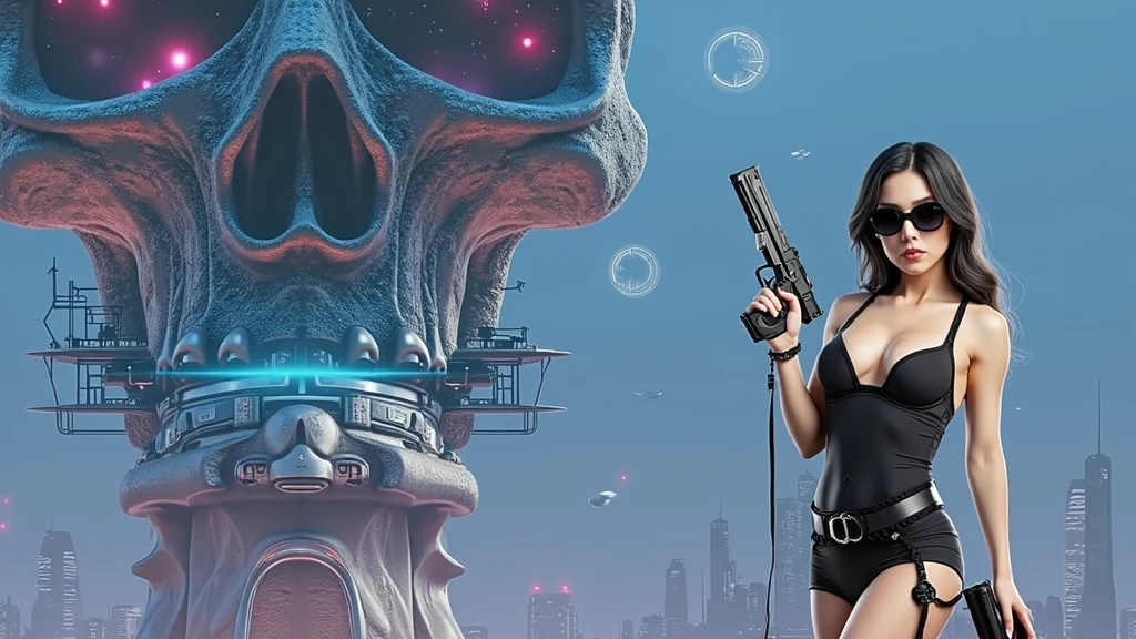 At night, dark sky, distant shot aerial view of fantasy cyberpunk style ice ((Moai-statue)) city, ((flying car)). ((1girl, solo, alone)), medium-breast:1.1 slim body, cleavage, sexy clothes, (headphone, black sunglasses, long black realistic hair), (((hip-up standing and holding pistol))), (((((half-body thigh level medium shot))))), cinematic lighting, lens flare, ray tracing.