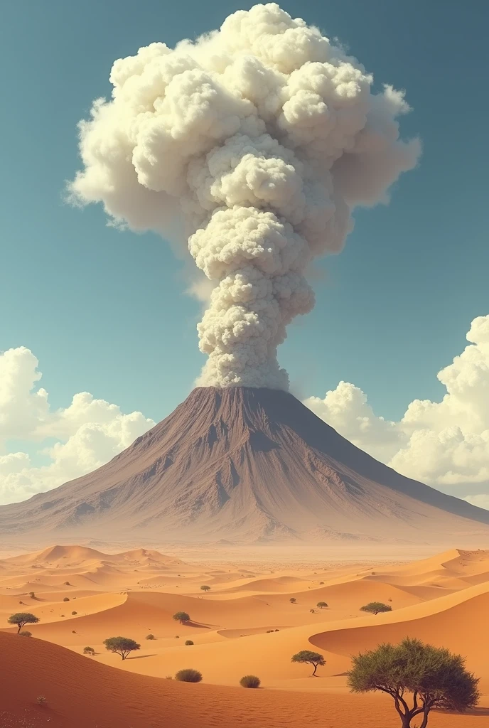(extremely detailed CG unity 8k wallpaper, masterpiece, best quality, ultra-detailed), an extremely delicate and beautiful quartz stone growing out of the desert, surrounded by a dynamic eruption from a nearby volcano, wide shot, stunning graphic quality --auto