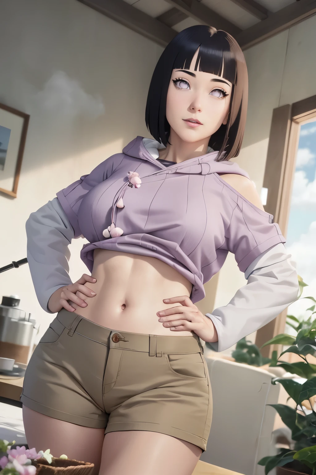 master part, absurderes, hinata\(boruto\), 1 girl, standing alone,mature woman, purple hoodie,layered sleeves, short brown jeans sexy, plein-air, cloudy sky, perfect composition, circumstantial lips, large breasted, pretty face, Body Proportion, blush, (pink lips), short black hair (black hairr), lilac eyes, smooth appearance, super realistico, circunstanciado, photoshoot, realistic face and body, realistic hair, realisticeyes, realistic nose, realistic lips, brown jeans, animadas, dancing lightly. on your back, with chin under shoulder, looking back sensually, sorriso sexy, mouth shut. different pose.