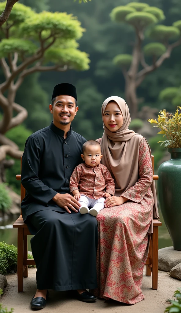 arafficial family sitting on a couch in a living room, an indonesian family portrait, barong family, happy family, home photography portrait, family portrait, barong family member, by Basuki Abdullah, full protrait, family photography, husband wife and son, inspired by Basuki Abdullah, portrait shot, potrait, mid shot portrait, classic portrait, in majestic