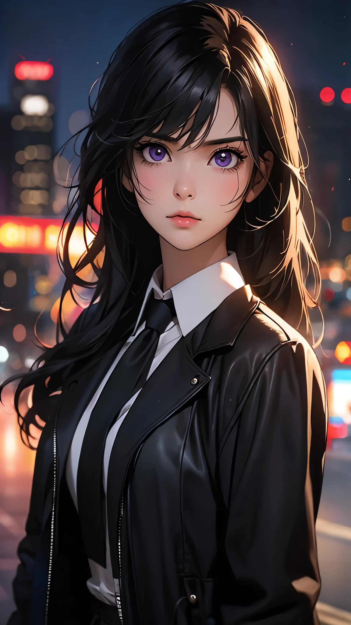 ((Masterpiece)), envision a 8k, highres, cinematic, extremely beautiful semi realistic close up portrait of a cute tomboy with a slender body, choppy black hair, side locks, strong face, slender face, long sweeping bangs, purple eyes, soft lips, lip gloss, thick eyebrows, round face, leather jacket, dress shirt, tie, ((((1girl)))), in dark lighting, against a dark gray background