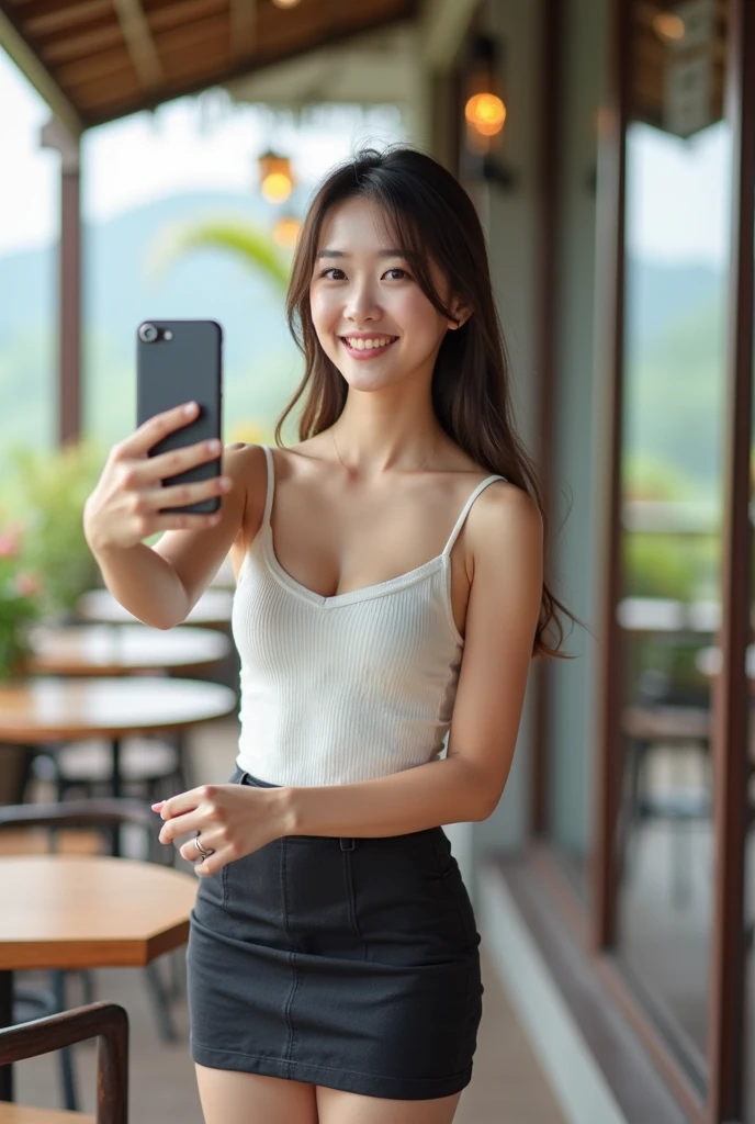 professional portrait taken with DSLR, 50mm lens, bokeh, natural lighting from the left, of a sexy indonesian girl, in a black tank top, blue jeans pants, holding a phone, smiling at the camera, in a minimalistic cafe, clue colored wall