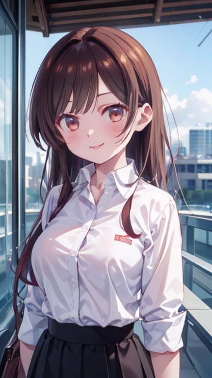 (((Pixel Perfect, Perfect in every detail))), Alone, One girl, chizuru ichinose, big , (White collared shirt :1.3), View your viewers, smile, Standing, Upper Body: 1.1