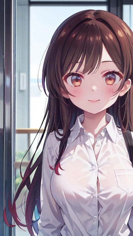 (((Pixel Perfect, Perfect in every detail))), Alone, One girl, chizuru ichinose, big , (White collared shirt :1.3), View your viewers, smile, Standing, Upper Body: 1.1