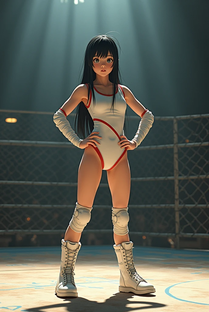 There is a shadow、Photorealistic、3d、Ultra HD、Front view、Saori Yoshida、Saori Yoshidaがガッツポーズしている、Digital Art、The background is the gym