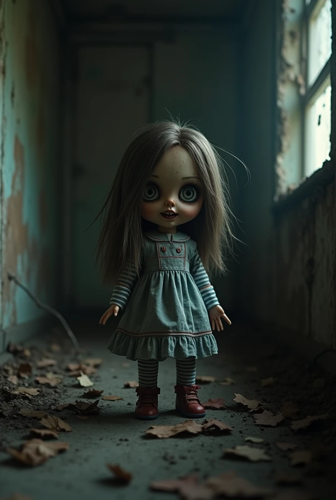 A miniature, detailed and hyper-realistic scene, a very detailed child miniature scene, a disturbing atmosphere, dramatic lighting, a moody and eerie color palette, dark dimly lit abandoned house, horror elements, a cinematic composition, a photorealistic masterpiece.