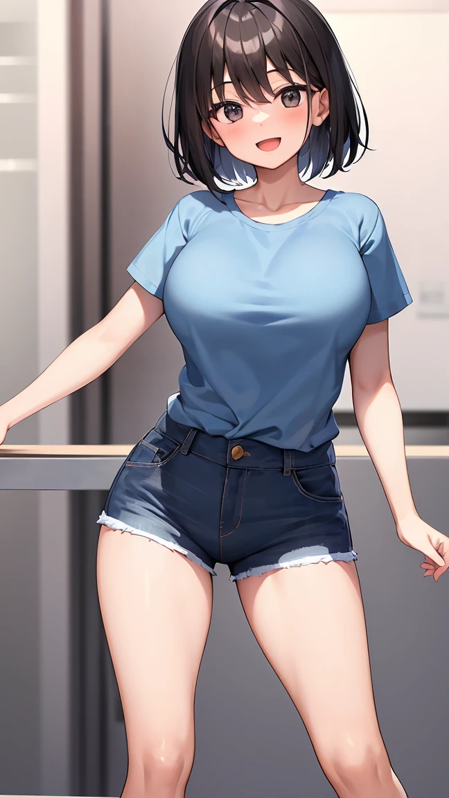 Blue hair, short hair, rapid eye movement \(re:zero\), [smile], blush, castle, masterpiece, best quality, perfect lighting, 1 girl, white top, skinny denim shorts, medium breasts, thin legs, demure, hands folded, (((lens straight)))) bathroom, unbuttoning, undressing