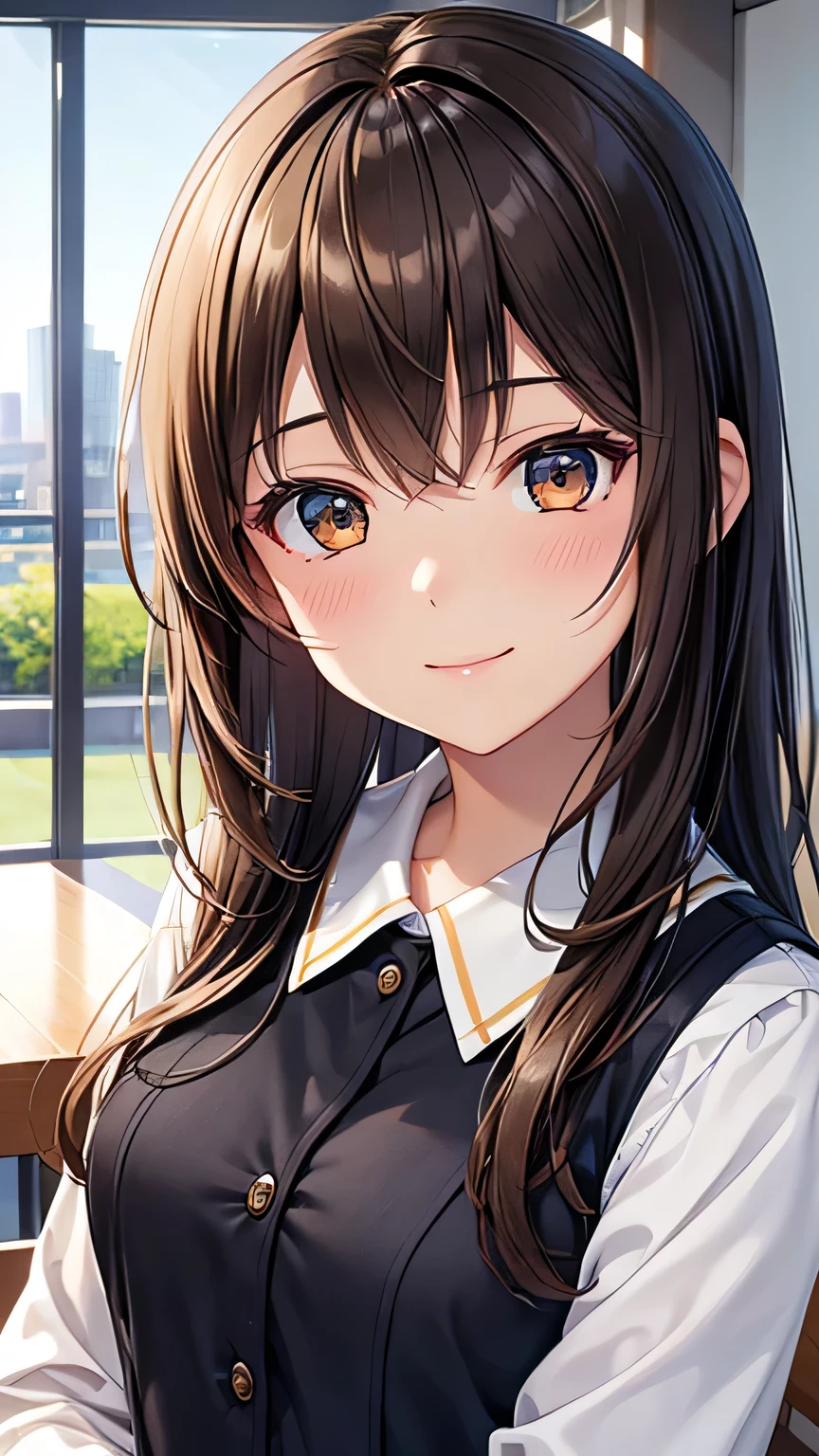 Anime girl with long hair and blue eyes sitting at a table - SeaArt AI